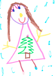 Drawing of girl by the Christmas tree.