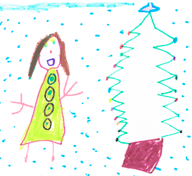 Drawing of girl with Christmas tree.